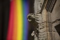 Peterborough, Cambridgeshire, UK, July 2019, A view of a Pride flag hanging from Peterborough Cathedral