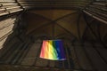Peterborough, Cambridgeshire, UK, July 2019, A view of a Pride flag hanging from Peterborough Cathedral