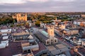 Aerial cityscape skyline of Peterborough Cathedral, guildhall and city centre