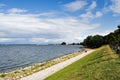 Petergof, Russia, July 2019. Walkway in the park with a view in the Scandinavian style.