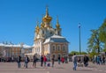 Petergof, Russia - June 5, 2017: Church of Peter and Paul. The Palace Church. The domes are gilded and richly decorated.