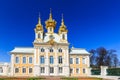 Petergof, Saint-Petersburg, Russia - June 09, 2019: Chapel with golden domes, one of a pair flanking the main palace