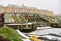 Peterhof fountain in Russia with golden statues in winter