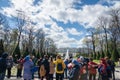 Peterhof fountains and palace view and tourists in Saint Petersburg