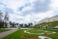 Peterhof fountains and palace view and tourists in Saint Petersburg Royalty Free Stock Photo