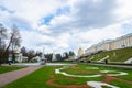 Peterhof fountains and palace view and tourists in Saint Petersburg