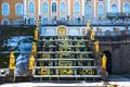 Museum staff wash fountains in the old Park on the spring day. Saint Petersburg, Russia