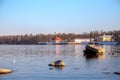 View of the Gulf of Finland horizon with a mansion on a small island in the Peterhof Museum. Spring Sunny day. St. Petersburg, Rus