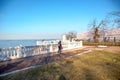 View of the Gulf of Finland and the white Baroque fence in the Peterhof Museum. St. Petersburg, Russia.