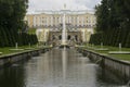 Peterhof palace great fountain front view with green gardens Royalty Free Stock Photo