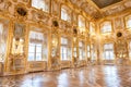 Peterhof palace, Saint Petersburg, Russia - February, 2020: Golden Ballroom rococo interior. Summer imperial residence. Amazing