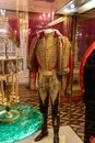 Peterhof palace, Saint Petersburg, Russia - February, 2020: men`s court suit mid 19th century. Golden embroidery. Summer imperior