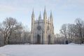 Ancient chapel of St. Alexander Nevsky in a winter landscape. Alexandria Park, Peterhof