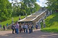 PETERHOF, RUSSIA. Excursion group about the Chess Mountain cascade