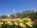 PETERHOF, RUSSIA, Grand cascade in Pertergof, St-Petersburg. the largest fountain ensembles. Wide angle lens and long exposition. Royalty Free Stock Photo