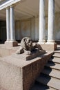 Sight. Peterhof Museum-reserve. Lion sculpture near the `Voronyansky colonnades`.Peterhof. Russia.