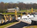 Peterhof, RUSSIA Ã¢â¬â May 1, 2019: Top view of the Grand cascade statues and Samson fountain with no water. Royalty Free Stock Photo