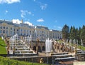 PETERHOF, RUSSIA. View of the Big cascade and palace Royalty Free Stock Photo