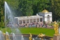 PETERHOF, RUSSIA. A view of the Big cascade and the Voronikhinsky colonnade in Nizhny park Royalty Free Stock Photo