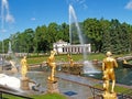 PETERHOF, RUSSIA. A view of the Big cascade and the Voronikhinsky colonnade in Nizhny park Royalty Free Stock Photo