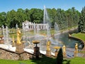 PETERHOF, RUSSIA. A view of the Big cascade and the Voronikhinsky colonnade in Nizhny park Royalty Free Stock Photo