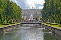 PETERHOF, RUSSIA. A view of the Big palace and the cascade from the Sea channel