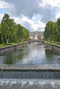 PETERHOF, RUSSIA. A view of the Big palace and the cascade from the Sea channel. Lower park