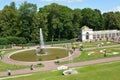 PETERHOF, RUSSIA. A view of the Bowl fountain in orchestra seats of Nizhny of park Royalty Free Stock Photo