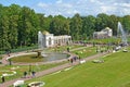 PETERHOF, RUSSIA. A view of the Bowl fountain in orchestra seats of Nizhny of park Royalty Free Stock Photo