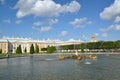 PETERHOF, RUSSIA. A view of the Oak fountain against the Grand Peterhof Palace. Top garden
