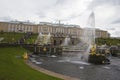 The Grand Cascade and Samson Fountain golden sculpture of Samson tearing open the jaws of a lion with the palace in the back Royalty Free Stock Photo