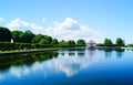 PETERHOF,SAINT PETERSBURG, RUSSIA - July 12, 2017: View of Lonely House with a pond in sunny day, Park of Peterhof