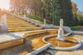 Cascade fountain Gold Mountain in Lower park of Peterhof at autumn evening time