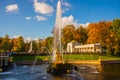 PETERHOF, SAINT PETERSBURG, RUSSIA - OCTOBER 1, 2023: Fountain golden statue of Samson tearing the lion's mouth Royalty Free Stock Photo