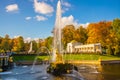 PETERHOF, SAINT PETERSBURG, RUSSIA - OCTOBER 1, 2023: Fountain golden statue of Samson tearing the lion's mouth Royalty Free Stock Photo