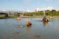 Ducks swim in The Mezheumniy Indefinite Fountain. The State Museum Preserve Peterhof. Russia