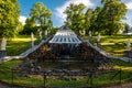 Peterhof, St. Petersburg. Chessboard Hill Cascade with dragons front view, largest royal fountain complex, Petrodvorets Royalty Free Stock Photo