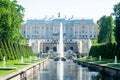 Peterhof, ST PETERSBURG, RUSSIA - JUNE 06, 2019: Grand Palace and the Grand cascade fountains in Petergof. Sea channel Royalty Free Stock Photo