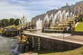 Peterhof, View of the Grand Cascade fountain and the Grand Peterhof Palace on a sunny summer day. Saint-Petersburg Royalty Free Stock Photo