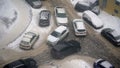 Road collapse on winter road covered with snow, blizzard.