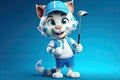 Petfluencers - The Purr-fect Golfer: A Cat\'s Ascent to Championship Glory on Blue Background