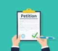 Petition concept. Man hold clipboard in hand writes Petition concept. Diagrams. Flat design, vector illustration on Royalty Free Stock Photo