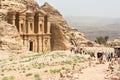 Petra, Jordan - April 19, 2022. Tourists near A-Dir Monastery, Petra`s largest monument, Jordan. Petra has lead to its designatio