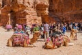 PETRA, JORDAN - MARCH 24, 2017: Tourists, camels and horse carriages in the ancient city Petra, Jord