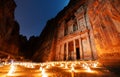 Petra by night, ancient architecture in canyon, Petra in Jordan. The rose city at night, famous travel destination in Middle-East, Royalty Free Stock Photo