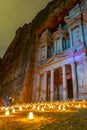 Petra by night tour featuring illuminated Al Khazneh tomb also called Treasury at Petra, Jordan