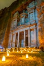 Petra by night tour featuring illuminated Al Khazneh tomb also called Treasury at Petra, Jordan