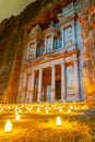 Petra by night tour featuring illuminated Al Khazneh tomb also called Treasury at Petra, Jordan