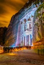 Petra by night tour featuring illuminated Al Khazneh tomb also called Treasury at Petra, Jordan