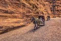 Petra - October 01, 2018: Canyon leading to the ancient city of Petra, Wonder of the World, Jordan